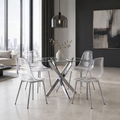 Lot de 4 chaises de salle à manger transparentes en acrylique PET, pieds argentés, style moderne (1/5)