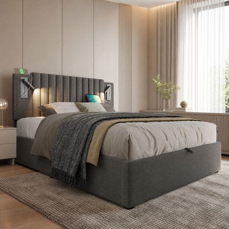 Letto 160x200 cm con cassetto contenitore, luce da lettura USB e bottoni vintage (1/5)