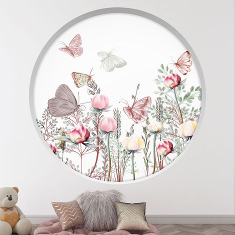 Stickers Trompe l'oeil Arche ronde Enfants - Fleurs papillons - Diamètre 30 cm (1/4)