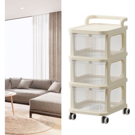 Aufbewahrungswagen mit Schubladen und oberem Organizer, transparent, auf Rollen, mit leichtgängigem 4-Rad-Trolley für Zuhause und Büro, Beige, 3 Ebenen (1/5)
