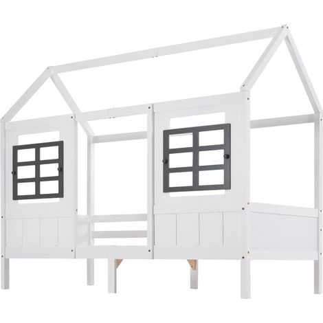 Letto a casetta per bambini bianco 200x90 cm con 2 finestre in pino e MDF (1/5)