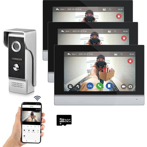 Tuya WiFi Wired Video Intercom System with 7-inch Touchscreen 1080P Camera, Doorbell, and Smart Intercom Kit with Tuya App, Motion Detection, 1 Doorbell, and 3 Monitors