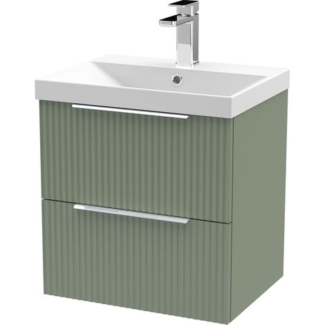 Tixall Fluted 2 Drawer Wall Hung Vanity Unit with Thin Edge Basin, Satin Green, 500mm (1/4)