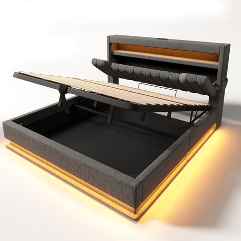 Gepolstertes Doppelbett 180x200 cm mit Stauraum, LED, USB und USB-C, grau, ohne Matratze (1/5)
