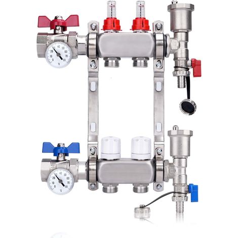 Kit Collecteur Radiateur, 2 Circuits Distributeur Chauffage, avec Thermomètreavec, Vannes à Boisseau Sphérique 1", avec Purgeur Manuel et Débitmètre, Raccords pour Eurocône 3/4, Distributeur HKV