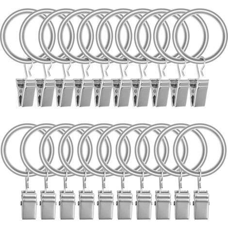 Lot de 20 Anneaux Accroche Rideau en Acier Inoxydable Mat avec Clips Crochets de Tension pour Rideaux Décoratifs Accroche Rideaux Argenté Mat (2,5 cm de Diamètre Intérieur) (1/5)