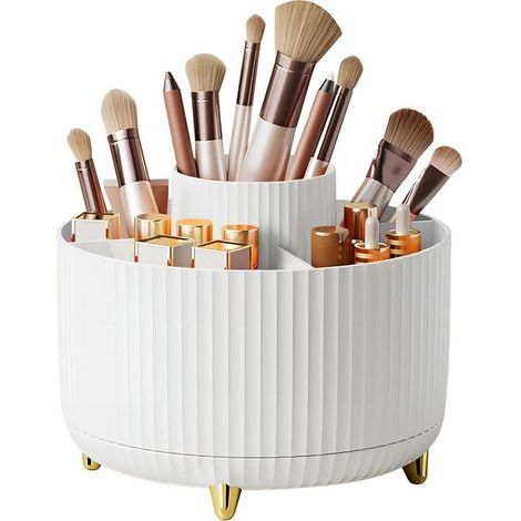 Rangement Maquillage de Grande Capacité, Organisateur de Maquillage Rotatif 360°, Rangement Pinceaux Maquillage avec 5 Compartiments, pour Coiffeuse, Salle de Bains, Chambre (Blanc) (1/4)