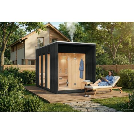 FinnTherm Saunahaus Tim black Gartensauna 3 Sitzbänke aus Holz in Schwarz, Sauna mit 72 mm Wandstärke, Außensauna mit Montagematerial (1/5)