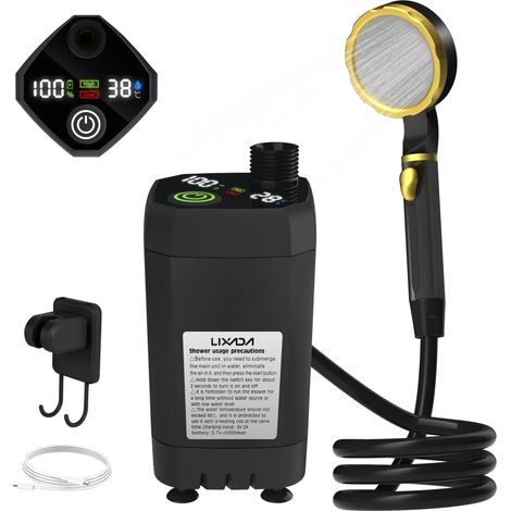 (Noir) Kit de douche de camping avec pompe, écran numérique intelligent et batterie réglable de 6000 mAh. (1/3)
