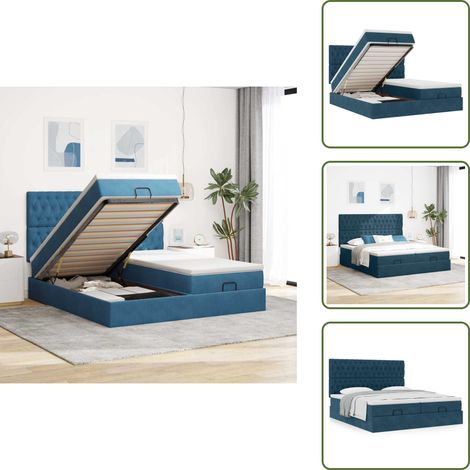 Stauraum - vidaXL Ottoman-Bett mit Matratzen Dunkelblau 200x200 cm Samt - Hydraulischer Heber (1/5)