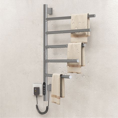 Sèche-Serviettes électrique avec 5 Barres Porte-Serviettes Chauffant Pivotant à 180 °, 80W 42 66cm Mural (45-70℃) Minuterie Écran LED, gris mat (1/5)