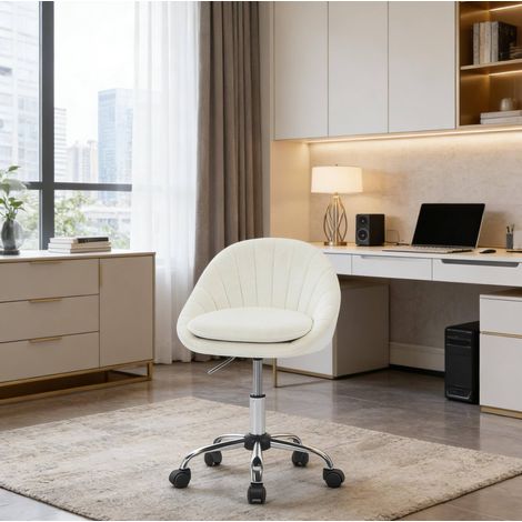 Chaise de bureau 52x52x72-82 cm beige en velours et métal avec hauteur réglable et roulettes (1/4)