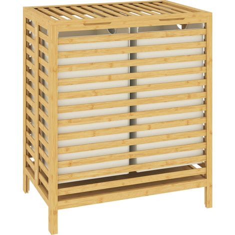 Bamboo Laundry Basket with Lid, 2 Foldable 32L Bags