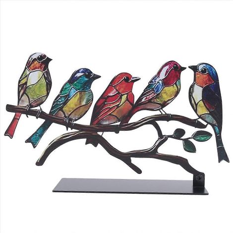 Schreibtischdekoration aus Eisen, bunte Vögel auf einem Ast, handgefertigtes Metallornament, Vintage-Regalfigur, patiniertes Metalldekorstück (1/5)