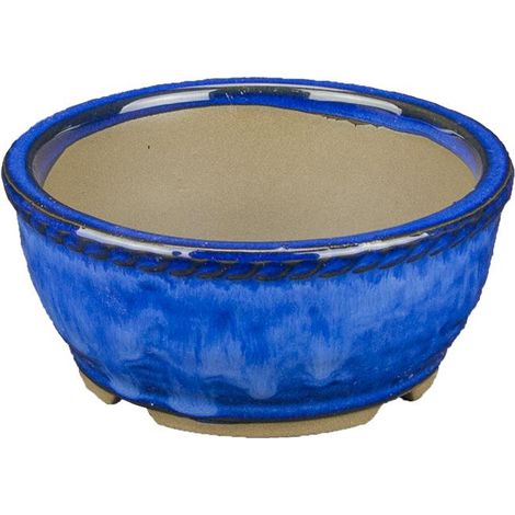 Vaso per bonsai Giapponese Morrisan rotondo in gres smaltato blu 10,5x10,5x4,5 cm - B03-3-5B (1/4)