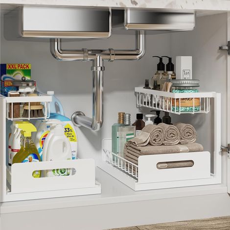 Organisateur sous évier, tiroir coulissant, double étagère coulissante, pour cuisine et salle de bain, couleur blanche, lot de 2 unités. (1/5)