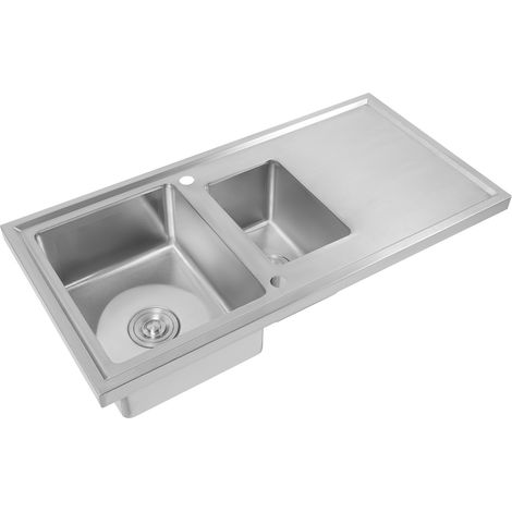 Évier de cuisine - Évier 2 bacs argent - acier inoxydable - 100x50 cm - Profondeur 20 cm - Bondes incluses - Pose supérieure/inférieure - Pour cuisine