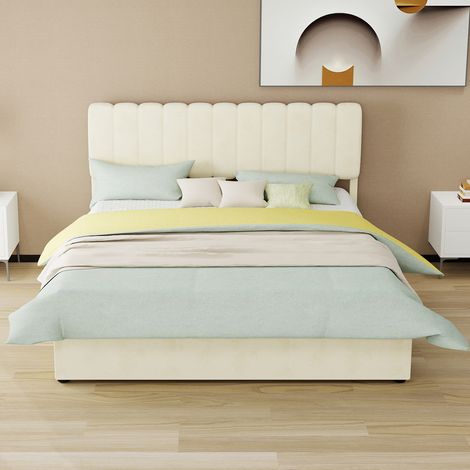 Lit moderne minimaliste capitonné, 160x200 cm, beige, meuble de chambre polyvalent avec tête de lit moelleuse et agréable, sommier de rangement haut surélevé à vérin, sans matelas.
