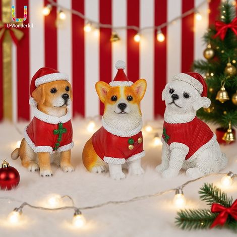 Figurine Chien Noel - Résine - Corgi Bichon Frise Labrador - Décoration Table Fête Noël - Lot de 3 (1/3)