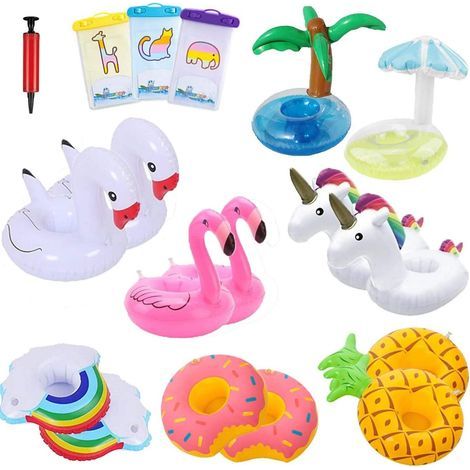 14 Pièces Porte-Boisson Gonflable avec 3 Sacs étanches pour Téléphone Et Pompe à Air, Gonflable Flottant Porte-gobelets pour Boissons De Piscine pour Enfants Jouets De Bain Eau Amusant (1/5)