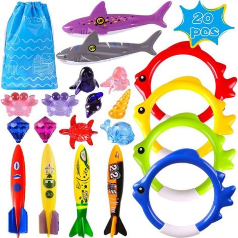 20-Piece Swimming Pool Toy Set, Diving Toys, Children's Pool Games, Outdoor Games, Gift for Boys and Girls Ages 3-12, Diving Rings, Torpedo Bandits with a Bag, Children's Underwater Training (1/5)