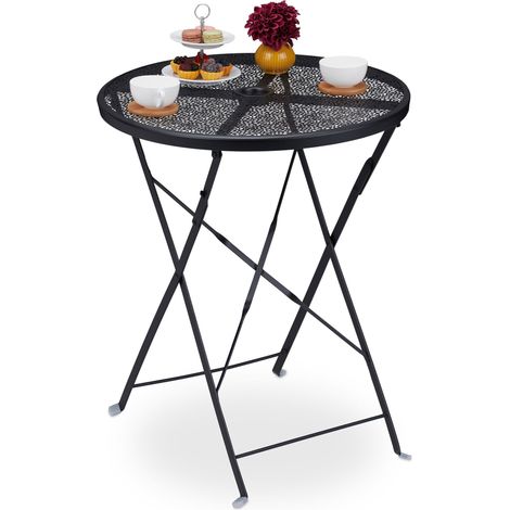 Relaxdays Tavolino da Balcone Pieghevole, Tavolo Rotondo con Foro per Ombrellone, in Acciaio, HxD: 71,5x60,5 cm, Nero