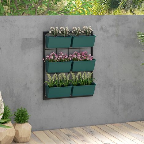 Jardin vertical mural à trois niveaux avec 6 pots. En acier et plastique. 52 x 14 x 66 cm. Vert.