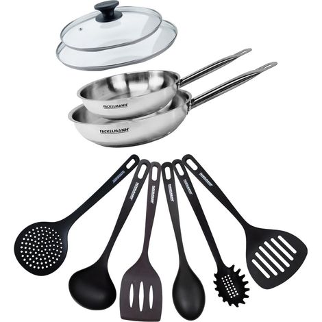 Set de 2 poêles de 20 et 24 cm en inox, 2 couvercles en verre et 6 ustensiles Fackelmann Eterna (1/5)