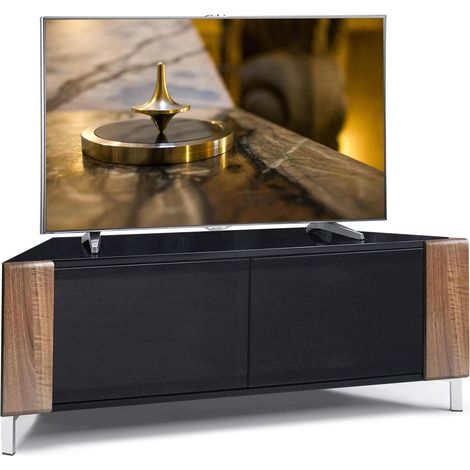 MDA Designs CORVUS Corner-Friendly Gloss Black Contemporary Cabinet with Walnut Profiles Black BeamThru Glass Doors Suitable for Flat Screen TVs up to 50" (1/5)