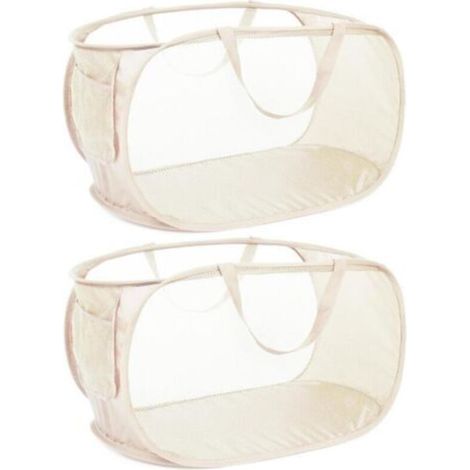 Paniers à linge pliables et durables, en maille avec poche latérale, avec poignées de transport renforcées pour le linge, la salle de bain, le dortoir ou les voyages, lot de 2, beige (1/4)