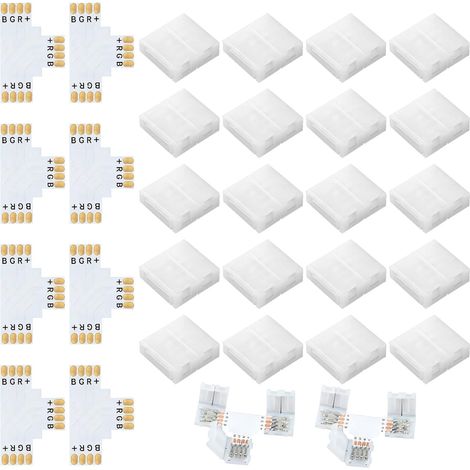28er-Pack 4-Pin 10-mm-RGB-LED-Streifenverbinder für 5050 SMD RGB-Streifen, 4-Pin 10-mm-LED-Verbinder mit 20 Streifenclips und 8 T-Verbindern, für Streifenverbindungen, lötfrei