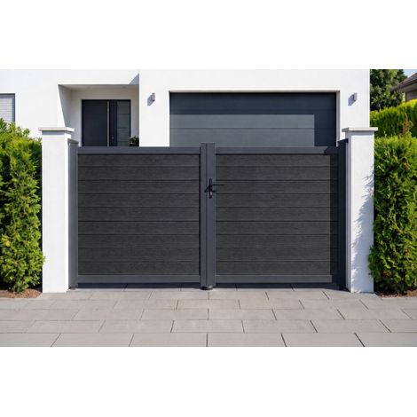 Puerta batiente ATHOS de 3 m de altura (160 cm) de madera maciza gris antracita con marco de aluminio.
