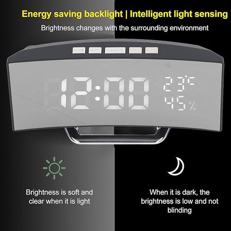 Un reloj digital con sensor de luz inteligente, pantalla de doble modo y un moderno diseño curvo, que incluye una esfera LED y un indicador de temperatura ambiente. (1/5)