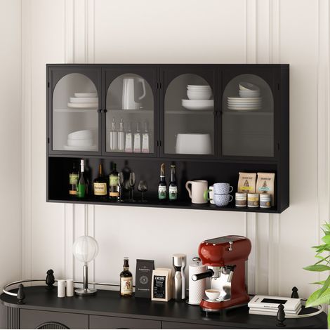Armadio pensile 4 ante 120x23x70 cm, salvaspazio, ripiani regolabili, vetro e metallo, nero (1/5)
