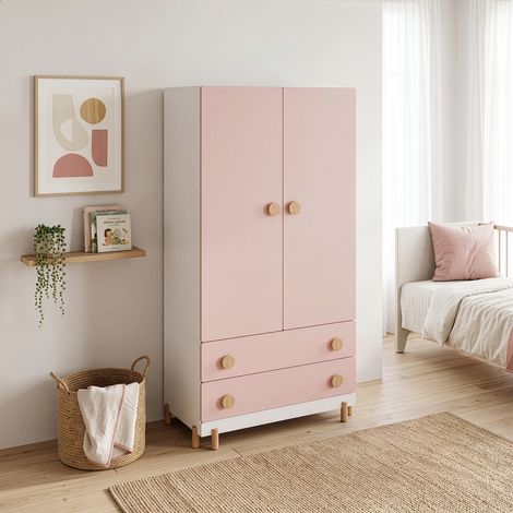 Armadio per Cameretta Vaarentaa a 2 Ante con 2 Cassetti 156x80x41 cm - Bianco/Rosa [en.casa] (1/5)