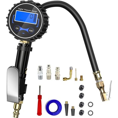 Tire pressure gauge, car tire inflator, manometer, compressor accessory, with hose and inflation handle, 4 measurement units, for trucks, cars, bicycles, motorcycles (1/5)