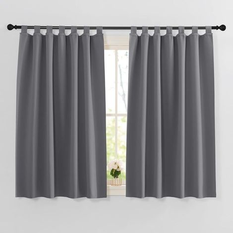 Verdunkelungsvorhang – Graue Schlaufenvorhänge für Küche und Schlafzimmer, modern, wärmeisolierend, B 140 x H 145 cm, kurze Paneele, lichtundurchlässig, energiesparend, Grau, 2 Paneele (1/5)