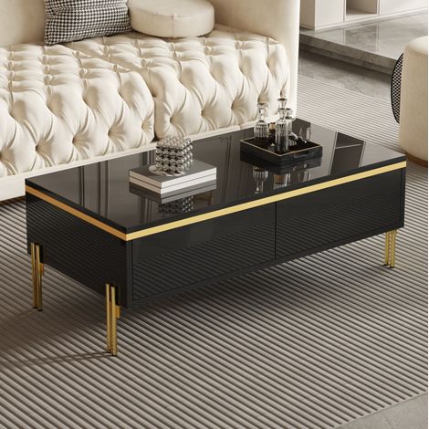 Table basse 100x50x36 cm noire en panneaux de particules brillant avec tiroirs bilatéraux (1/5)