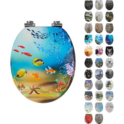 Abattant de WC avec système d'abaissement automatique - Forme ovale - Facile à nettoyer - Siège de toilette amovible - Charge maximale : 150 kg - Montage facile - Motif : petit poisson jaune (1/5)