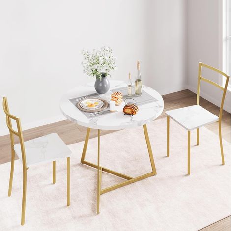 Ensemble table ronde et 2 chaises en MDF, imitation marbre blanc et doré (1/5)