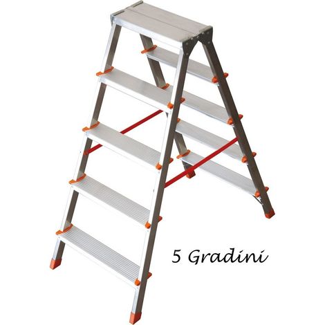 Scala in alluminio doppia salita - Facal Filo - Modelli: Fi-5 - 5+5 gradini - dim aperta-chiusa: 51x99x106h-51x16.5x117h cm