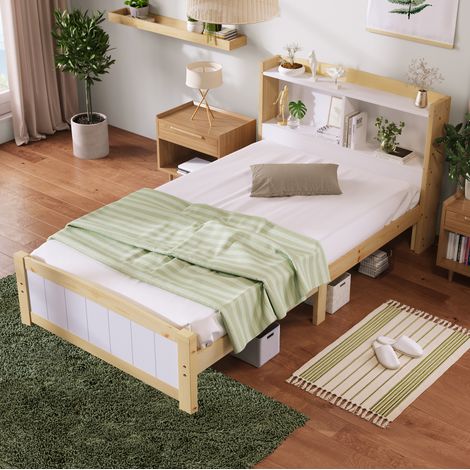 DESVIAE Lit simple en bois massif avec tete de lit rangement 90 x 200 cm cadre de lit avec sommier blanc (1/5)
