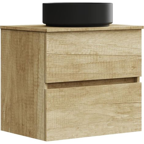 Meuble de Salle de Bain Onyx Black, 2 tiroirs, Suspendu au Mur, avec lavabo en céramique Noir Mat, mélamine 16 mm. Meuble monté. Lavabo Rond/sans Miroir 60 cm Nature (1/5)