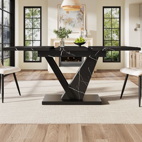 Table à manger extensible 120 à 160 cm, avec fonction télescopique, décor marbre noir et structure en métal robuste, pour 6 à 8 personnes, noir