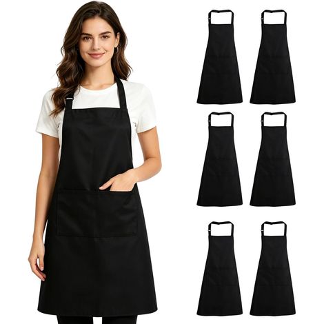 Lot de 6 tabliers de cuisine, noirs, 70 cm x 60 cm, tablier noir ajustable avec poches, tablier de cuisine unisexe lavable, en coton, tablier de serveur, la pâtisserie, le barbecue et le café