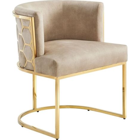 Stuhl VELTO beige in Samt – Glänzende goldene Struktur, Armlehnen und Rückenlehne in Wabenmuster (1/4)