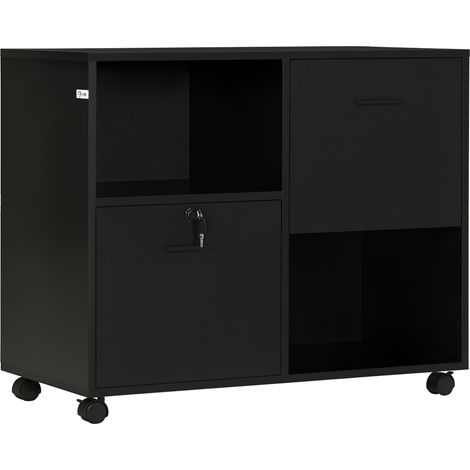 Mobile da Ufficio con 2 Cassetti Porta Documenti e Ripiani, Ruote con Blocco, 80x40x66cm, Nero