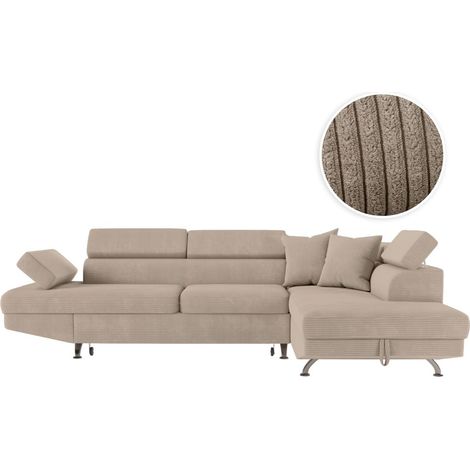 Loungitude – Canapé d'angle convertible 5 places en velours côtelé – Coffre de rangement intégré – Dimensions 271 x 192 x 85 cm – Taupe (1/5)