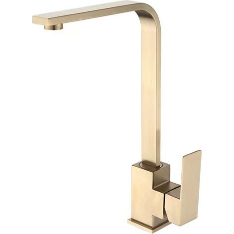Mitigeur de cuisine design carré doré, poignée en alliage, robinet mélangeur chaud/froid, flexible inox 60 cm, finition or brossé (1/4)