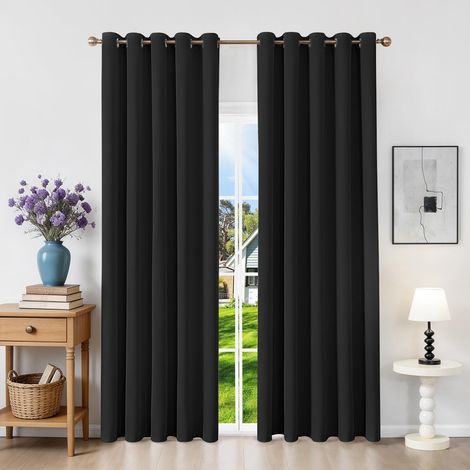 Thermal Insulated Blackout Curtain, 160 x 200 cm (L x H), Set of 2 Black Opaque Window Curtains with Eyelets Anti Cold UV Noise Indoor Decoration Dressing Living Room Bedroom Home (1/5)